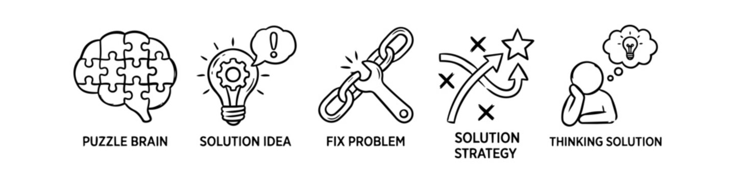 Hand-drawn icon set for problem solving and creative thinking, featuring puzzle brain, solution lightbulb, fix problem wrench, strategy map, and thinking person icons in a doodle style.