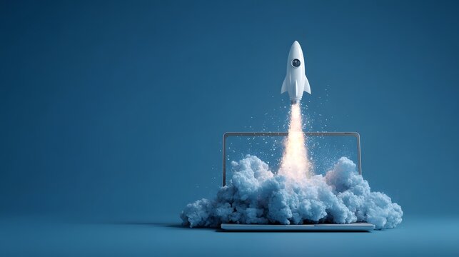 Rocket Launch from Laptop Concept for Startup Growth and Digital Innovation