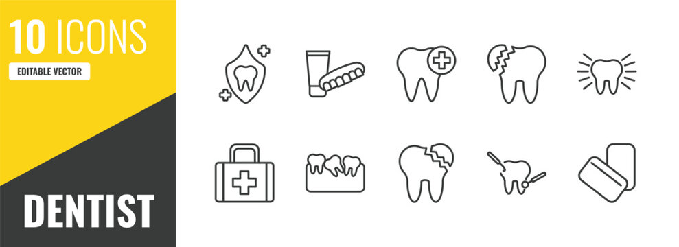 dentist outline icon set. 10 linear vector for ui, web and mobile. thin line dental protection, dentures, healthy tooth icons.