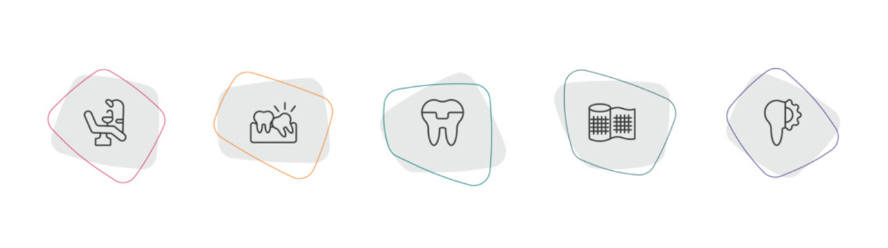 dentist outline icon set. linear vector for ui, web and mobile. thin line dental chair, wisdom tooth, molar crown icons.