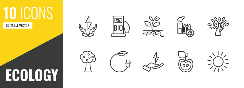 ecology outline icon set. 10 linear vector for ui, web and mobile. thin line green energy source, biofuel, plant and root icons.