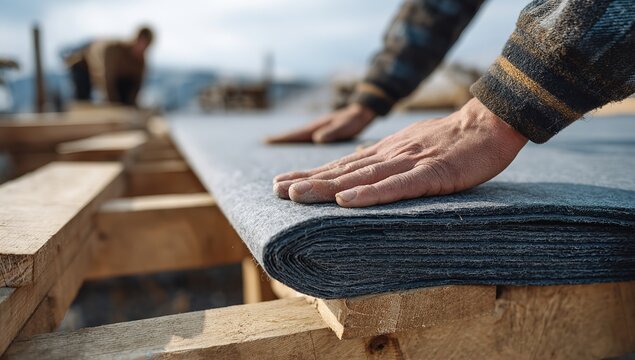 A worker uses their hands to smooth out a roll of grey industrial felt material on a wooden structure at an outdoor construction site