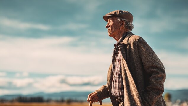 An elderly man in a brown coat and flat cap leans on a wooden cane while looking out over a vast field under a dramatic cloudy sky at sunset