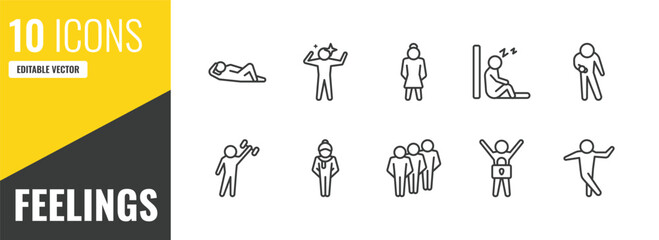 Fototapeta premium feelings outline icon set. 10 linear vector for ui, web and mobile. thin line comfortable human, amazing human, beautiful human icons.