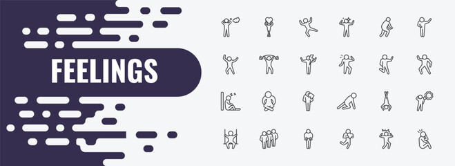Fototapeta premium feelings outline icon set. linear vector for ui, web and mobile. thin line in love human, relieved human, disappointed human icons.