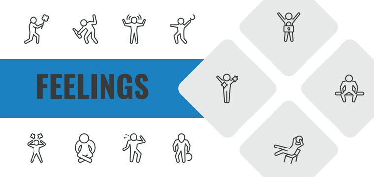 feelings outline icon set. linear vector for ui, web and mobile. thin line sorry human, drunk human, amazed human icons.