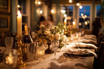 Obraz premium Elegant dining table set for an evening dinner party with candlelight, flowers, and fine china