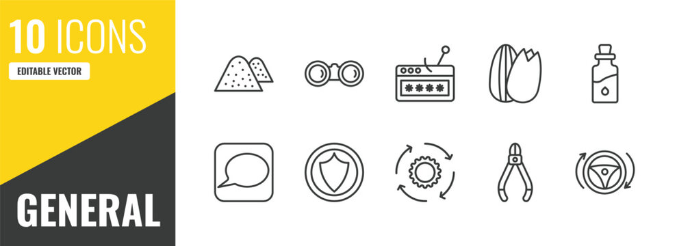 general outline icon set. 10 linear vector for ui, web and mobile. thin line sand, binocular, password phishing icons.
