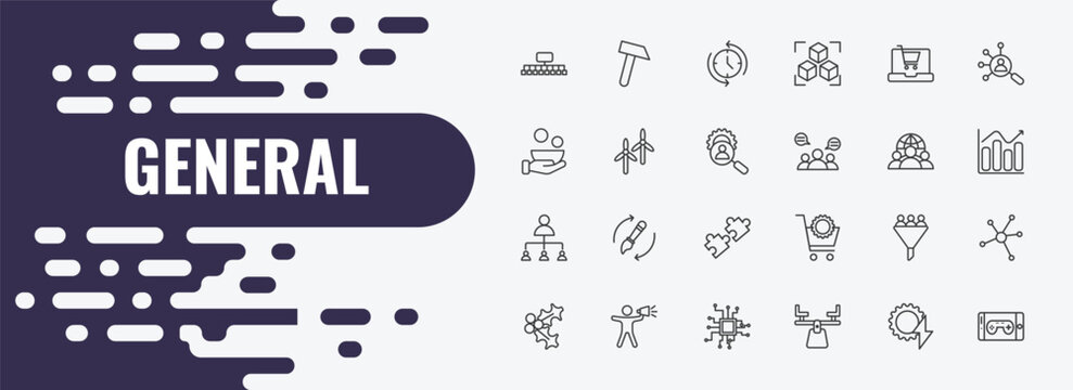 general outline icon set. linear vector for ui, web and mobile. thin line sledgehammer, rewind time, ecommerce platform icons.