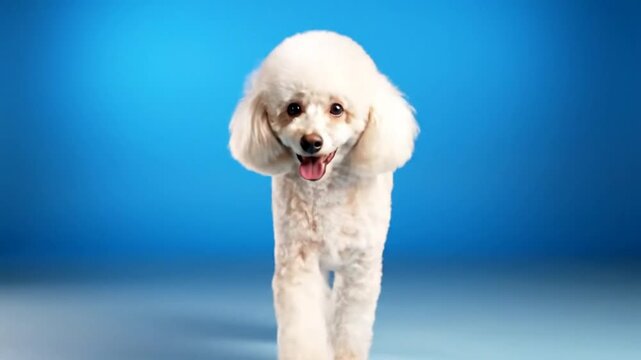 Cheerful white poodle dog excitedly running towards the camera with a happy, playful expression against a blue backdrop
