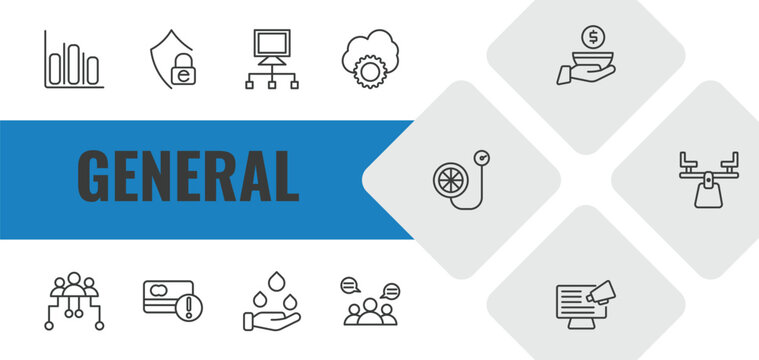 general outline icon set. linear vector for ui, web and mobile. thin line info chart, e-privacy, bpm icons.