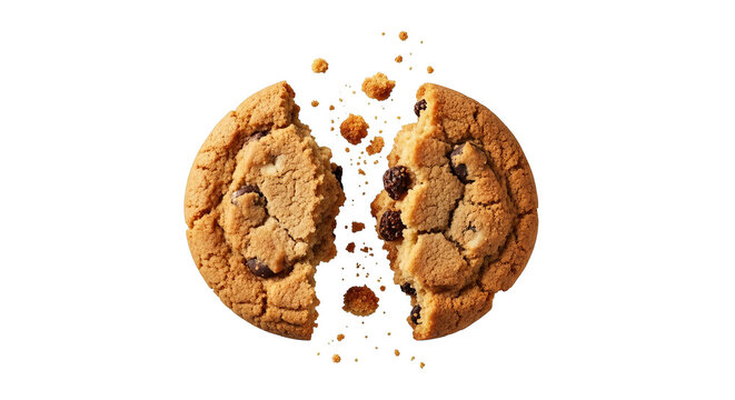 A delicious chocolate chip cookie is broken in half, with crumbs scattering.