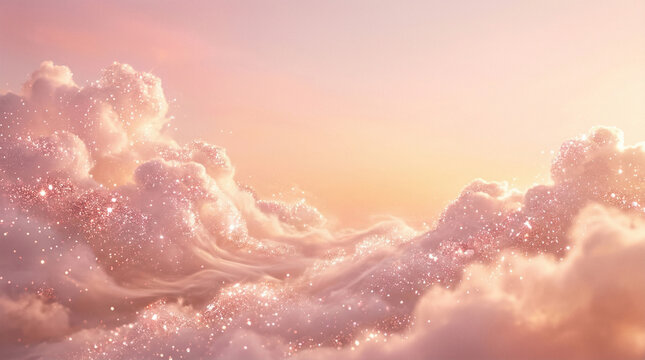 Rose gold magical clouds background with pink glitter and ethereal shimmering light in sky