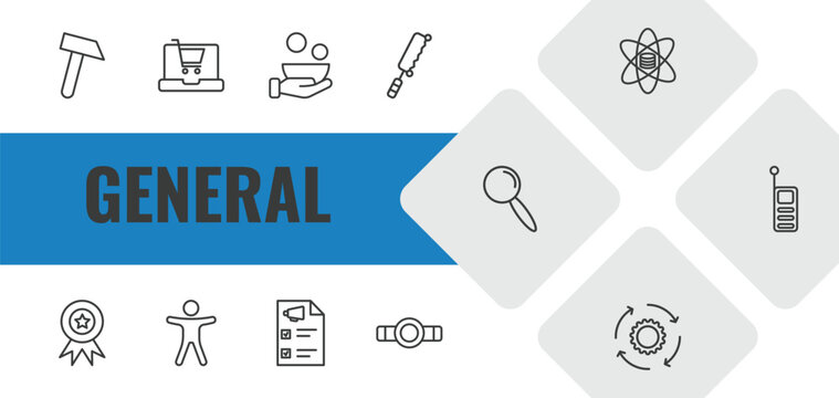 general outline icon set. linear vector for ui, web and mobile. thin line sledgehammer, ecommerce platform, poverty icons.