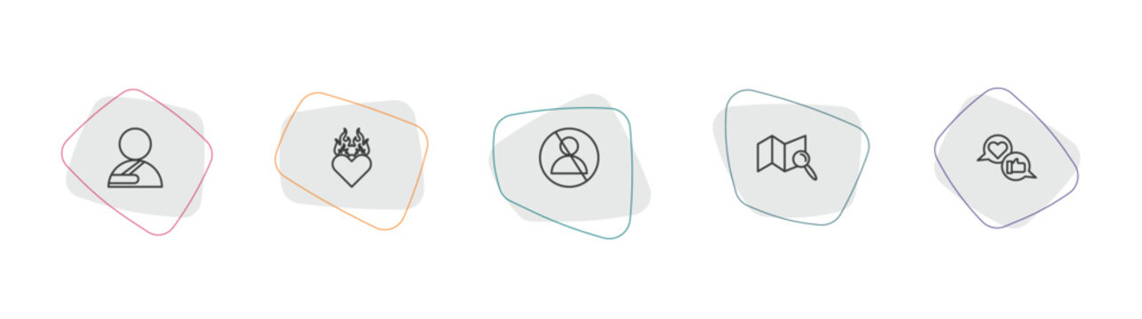 general outline icon set. linear vector for ui, web and mobile. thin line shoulder immobilizer, heart in flames, impeachment icons.