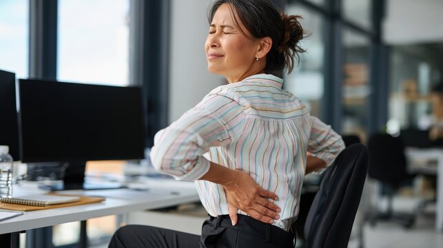 Mature East Asian woman experiencing back pain while sitting at her office desk
