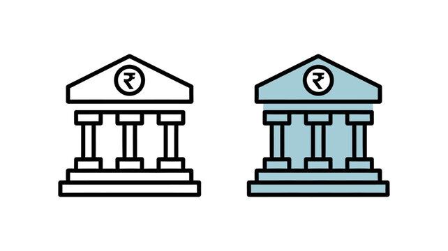 Indian rupee currency bank building icons in black and blue colors