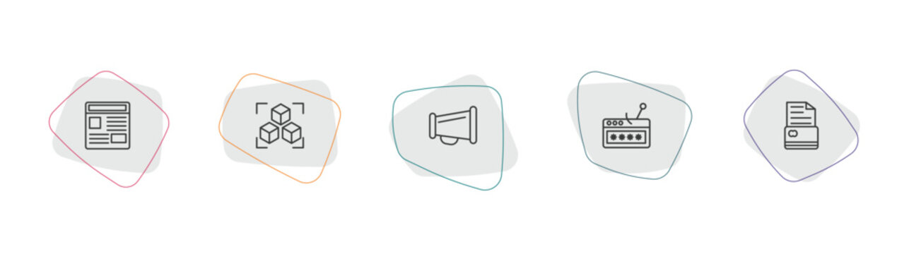 general outline icon set. linear vector for ui, web and mobile. thin line news feed, model preparation, agitation icons.