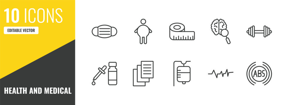 health and medical outline icon set. 10 linear vector for ui, web and mobile. thin line medical mask, fat, measure tape icons.