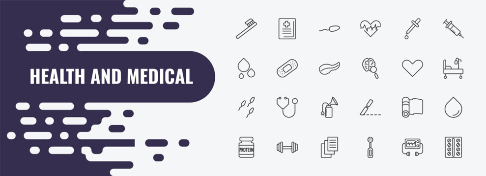 health and medical outline icon set. linear vector for ui, web and mobile. thin line medical book, spermatozoon, pipette icons.