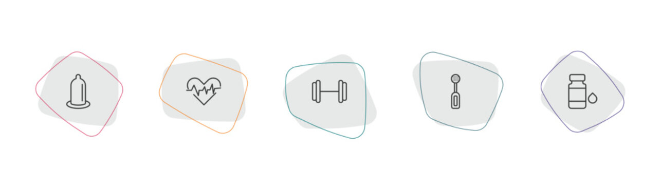 health and medical outline icon set. linear vector for ui, web and mobile. thin line condom, cardiology, gym icons.