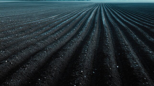Ploughed dark earth with parallel furrows stretching toward a soft distant horizon under overcast sky, showcasing textured rows, agricultural pattern and fertile farmland perspective