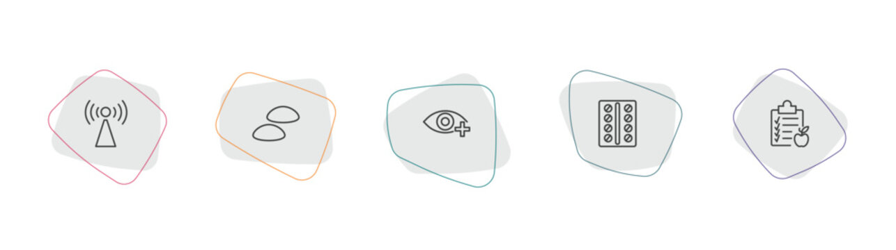 health and medical outline icon set. linear vector for ui, web and mobile. thin line non ionizing radiation, breast implant, ophthalmology icons.