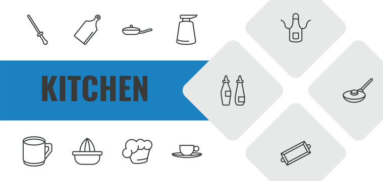 kitchen outline icon set. linear vector for ui, web and mobile. thin line knife sharpener, cutting board, pan icons.