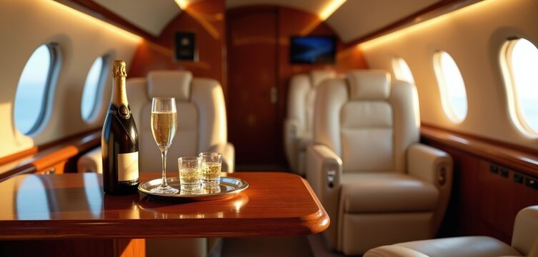 Luxury private jet interior with plush leather seats, champagne ready for flight. Exclusive cabin offers comfort, high-end travel experience for VIPs, business executives. Enjoy fine beverages