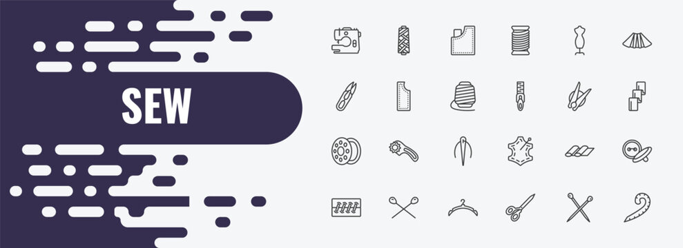 sew outline icon set. linear vector for ui, web and mobile. thin line spool of thread, jeans pocket, dummy icons.