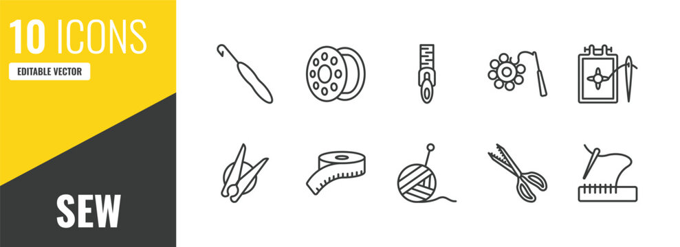 sew outline icon set. 10 linear vector for ui, web and mobile. thin line crochet hook, bobbin, slide fastener icons.