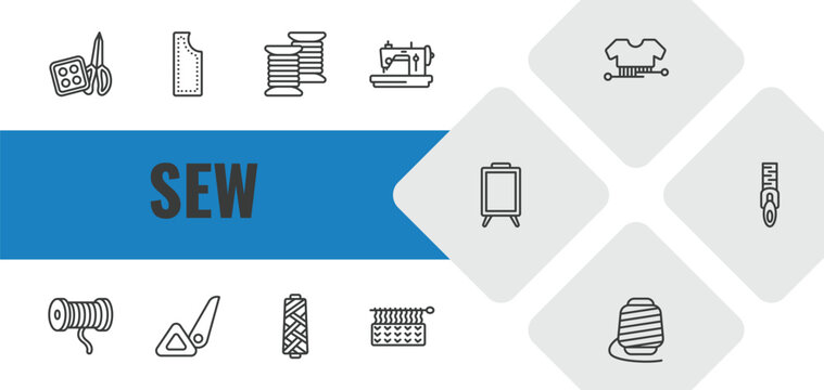 sew outline icon set. linear vector for ui, web and mobile. thin line sewing craft, material, coil icons.