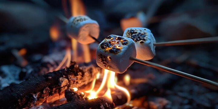 roasting marshmallows on open campfire - flames burn as sweet soft marshmallows cook on sticks