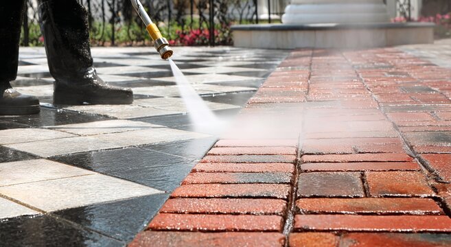 A high-pressure water jet is used to clean dirt and grime from a red brick and black tiled outdoor walkway by a professional
