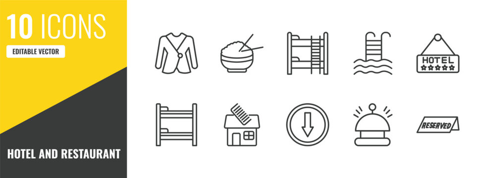 hotel and restaurant outline icon set. 10 linear vector for ui, web and mobile. thin line suits, rice, bunk icons.