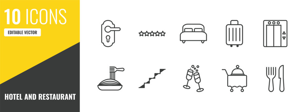 hotel and restaurant outline icon set. 10 linear vector for ui, web and mobile. thin line doorknob, five stars, double bed icons.
