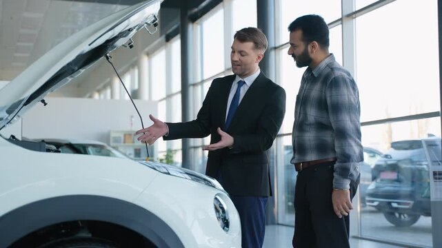 Car salesman showing engine to a potential Indian buyer in a dealership