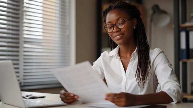 Young Black woman in glasses reviewing documents at her desk with a laptop