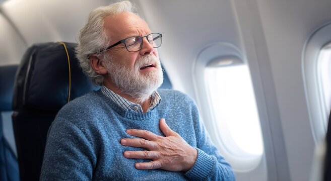An elderly man with glasses and a blue sweater sits on an airplane clutching his chest in apparent physical pain during a commercial flight