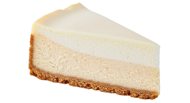 A delicious slice of creamy cheesecake with a graham cracker crust sits isolated on a white surface.