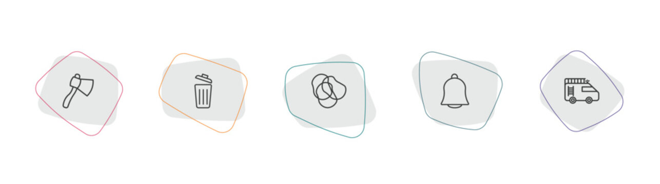 tools and utensils outline icon set. linear vector for ui, web and mobile. thin line hand axe, trash can open, rubber bands icons.