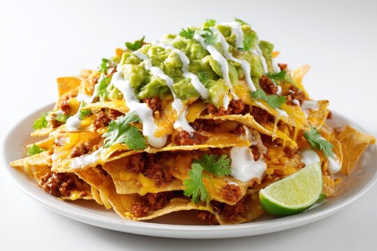 Crispy corn chips nachos topped with fried minced meat and fresh guacamole on a bright white backdrop