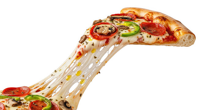 A delicious slice of pizza stretches with gooey melted cheese pulling away from the main slice.