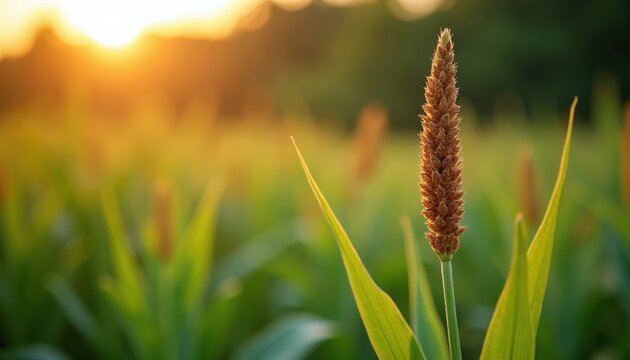 Single sorghum plant grows in field at sunset. Tall green stalks with developing reddish seed heads catch warm golden light. Agrarian harvest scene under summer sky.