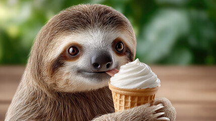 Fototapeta premium Sloth enjoying a delightful vanilla ice cream cone, bringing a smile to its face, symbolizing summer happiness, leisurely moments, and sweet animal indulgence in nature