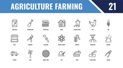 agriculture farming outline icon set. linear vector for ui, web and mobile. thin line digging bar, oat, harvest icons. © Farahim