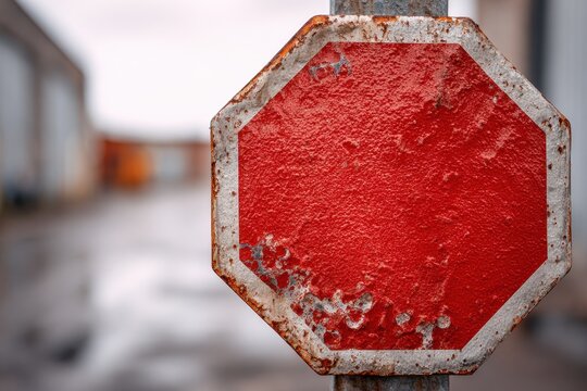 Close-up of a blank red octagonal traffic sign face with weathered texture