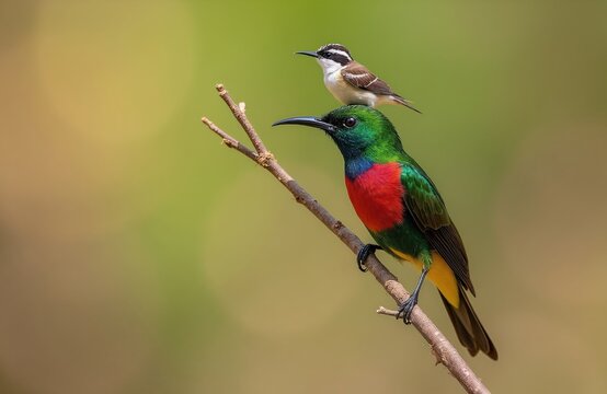Two small birds perch on thin twig. One bird sits atop another. Both have thin beaks. Green red yellow bird is below. White brown striped bird is above. Nature wildlife scene.