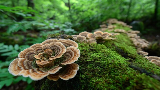 Turkey tail mushrooms with concentric brown and white rings grow abundantly on a moss-covered log in a lush green forest under soft natural light
