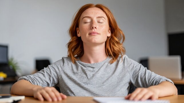 Young woman with auburn hair and freckles meditating at her desk